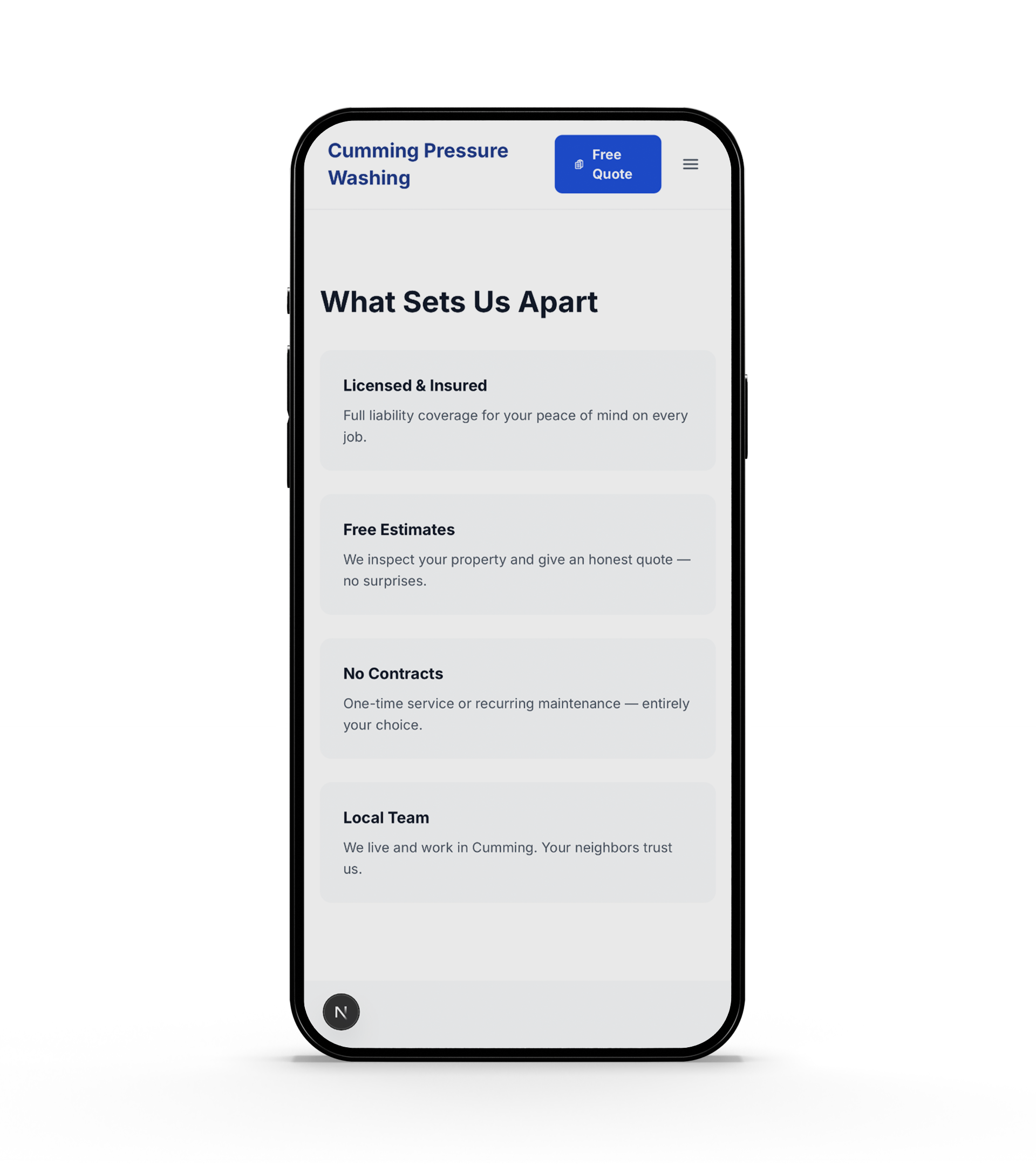"What Sets Us Apart" — trust signals grid — mobile